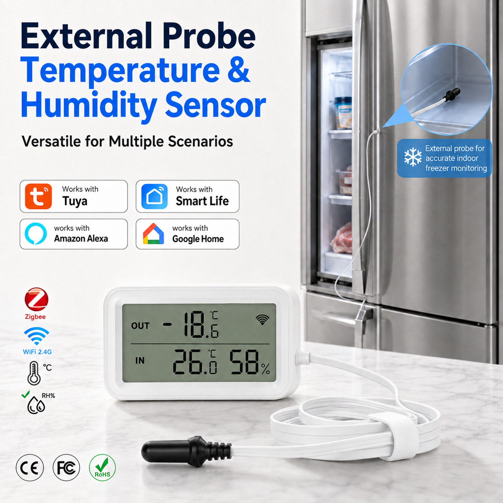 Wifi Thermostat - เซ็นเซอร์วัดอุณหภูมิและความชื้นแบบกันน้ำภายนอก Tuya WiFi พร้อมหน้าจอ LCD สำหรับตู้เย็น